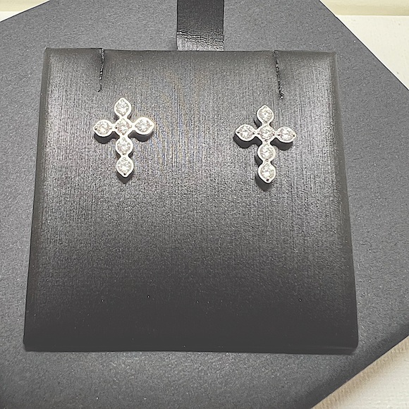 Platinum Cross CZ Earring Studs - Picture 2 of 4